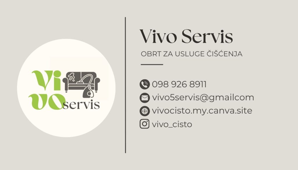 Kontakt podaci obrta Vivo Servis: telefon 098 926 8911, e-mail vivo5servis@gmail.com, web-stranica vivocisto.my.canva.site i Instagram profil @vivo_cisto.